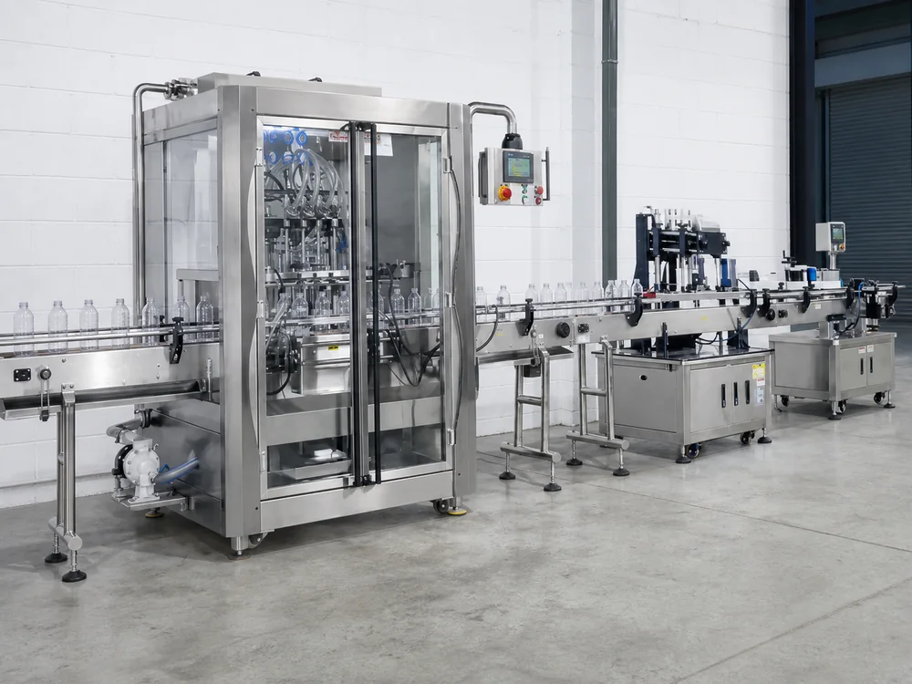 Integrated automatic filling, capping and labelling line